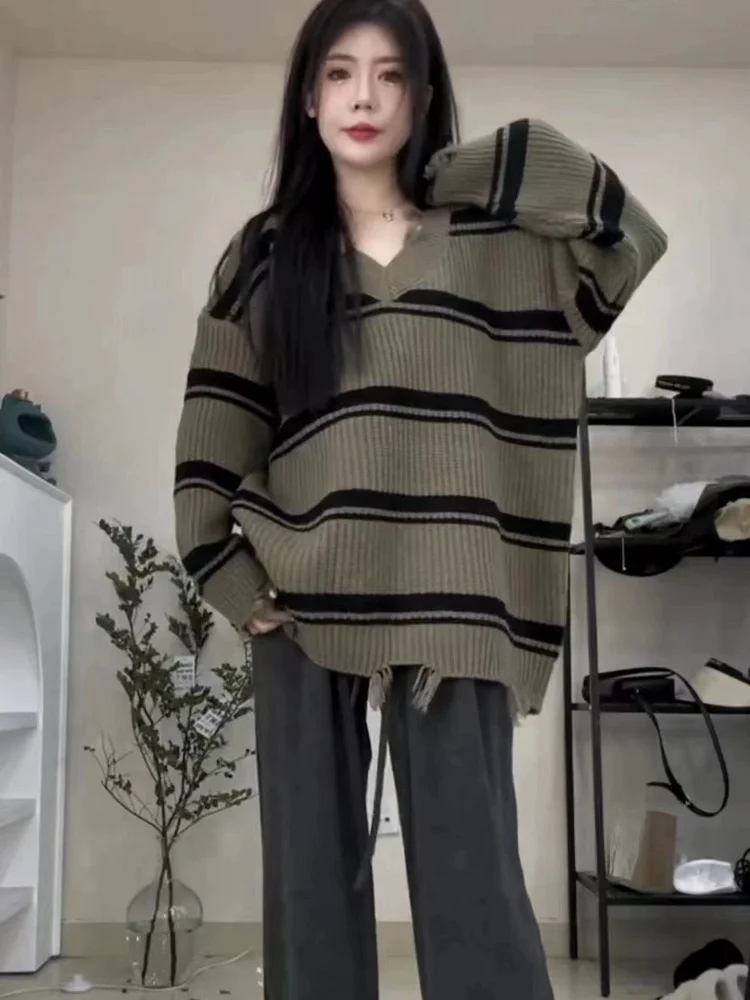 

Trendy Lazy Fringed Knitwear Top Women's Loose Striped V-Ne Overhead Sweater Sweet Sle Winter Warm Long Sve Faion