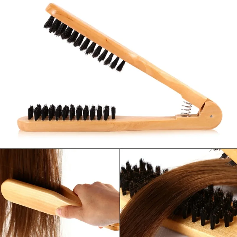 Professioneller Haarglätter V-förmiger Kamm Antistatischer Doppelbürsten-Frisierkamm Holz-Haarglätter-Werkzeug