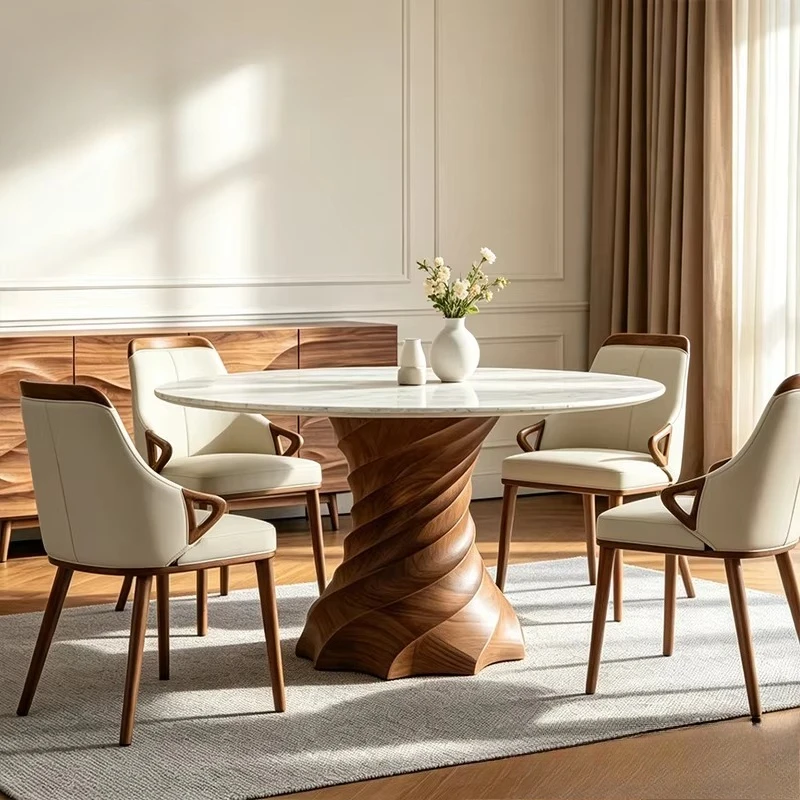 

&c Modern Luxury Round Artificial Marble Dining Table with Solid Wood Spiral Pedestal Base Kitchen Table
