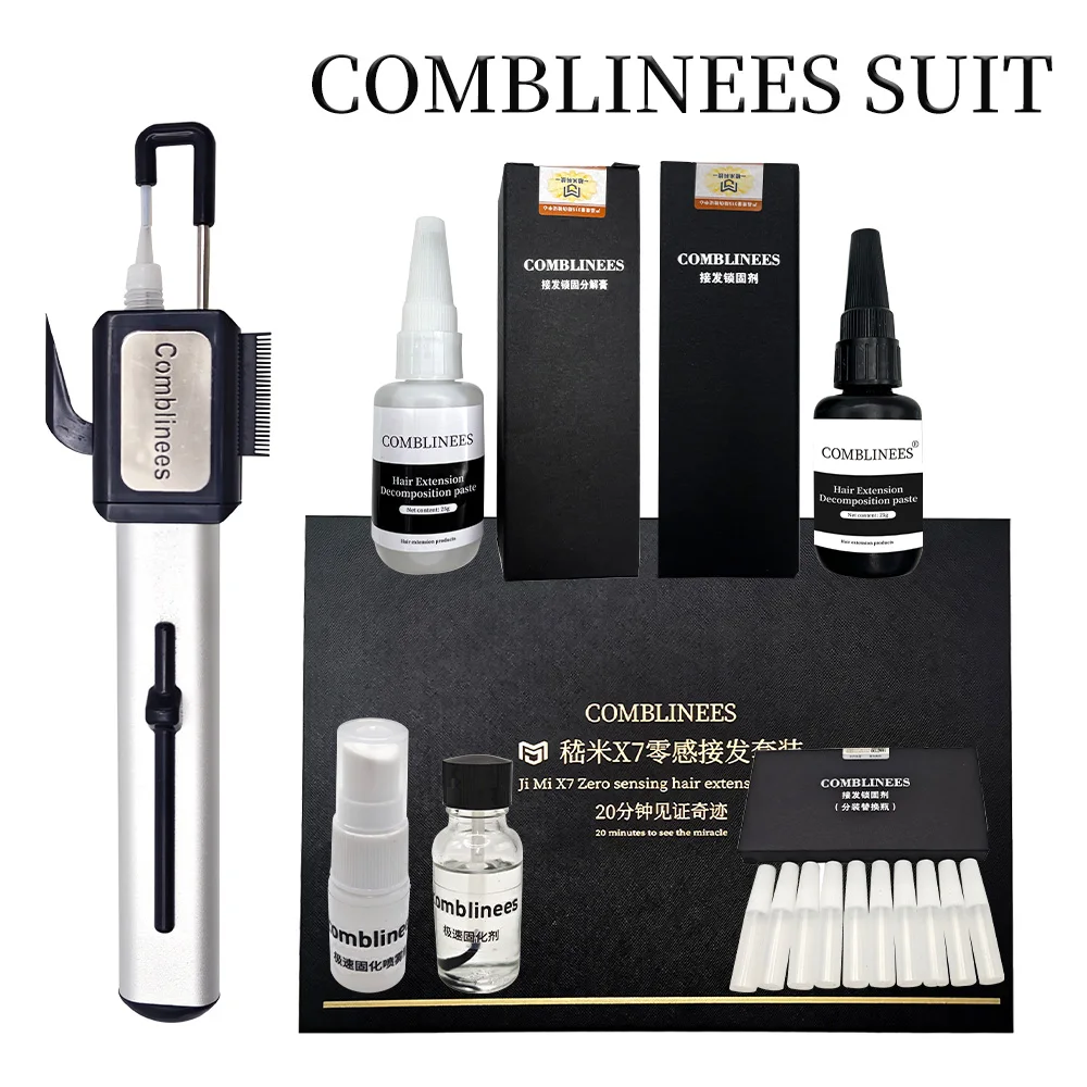

Comblinees Professional Salon Hair Extension Kit with Ice Glue Gel Fast Bonding No UV Light Long Lasting Seamless Human Hair set