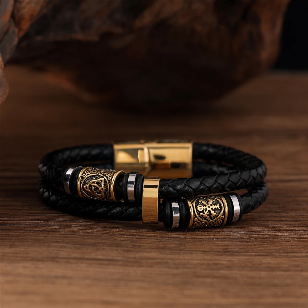 Punk Männer Vikings Stil Echtes Leder Armband Geflochtene Multilayer Edelstahl Nordischen Runen Perlen Armreifen Paar Schmuck Geschenk – Detail 7