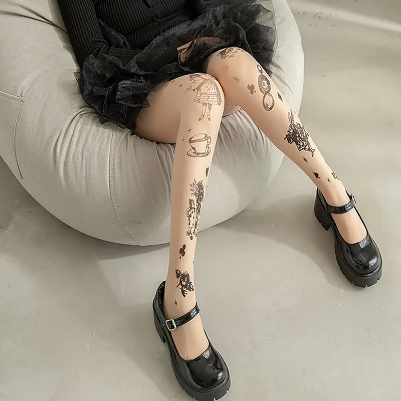 Tatuagem Lolita Girls Tights para Mulheres, Meias Altas para Coxa, Lingerie Sexy, Meias Femininas, Tatuagem JK, Y2K