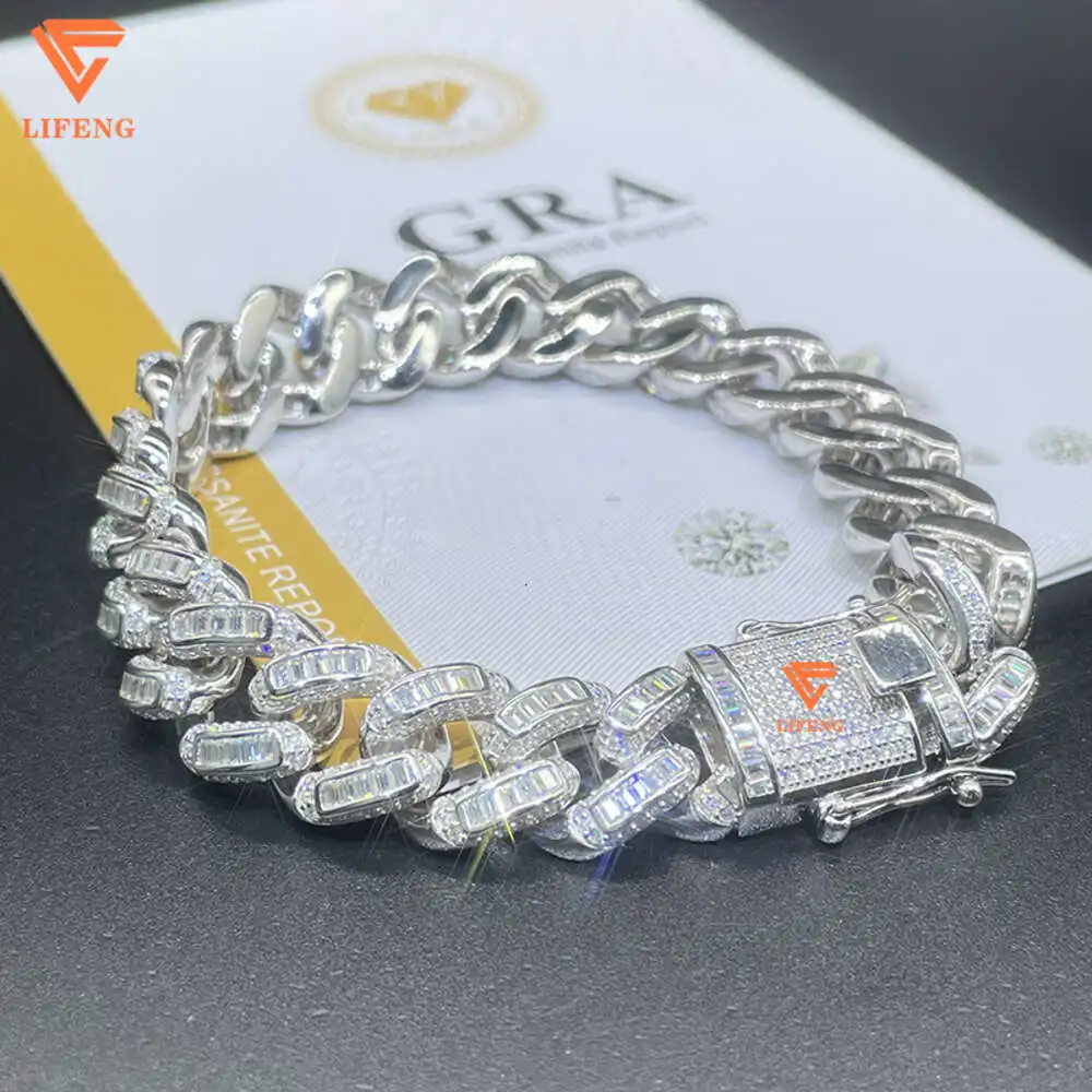 

Fine Jewelry Bracelets Baguette Shape Design Stone Iced Out 925 Sterling Silver Hip Hop Moissanite Cuban Chain Bracelet Men