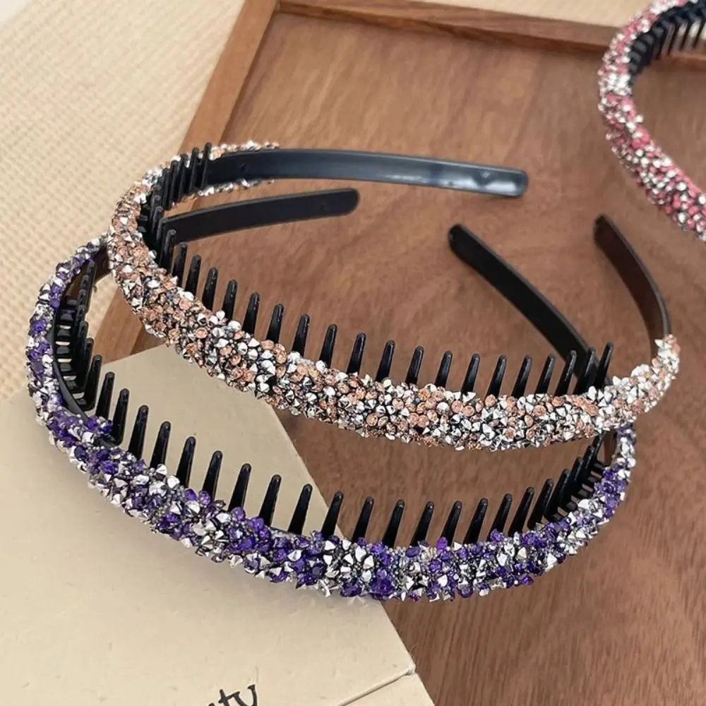 Vintage Plastic Rhinestone Headband with Toothed Shiny Thin Hairband Korean Style Non-slip Hair Hoop Make Up