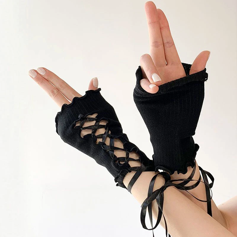 Women Lolita Ribbon Short Gloves Gothic Punk Fingerless Arm Warmer Black Cosplay Accessories Fishnet Mesh Party Halloween Gloves