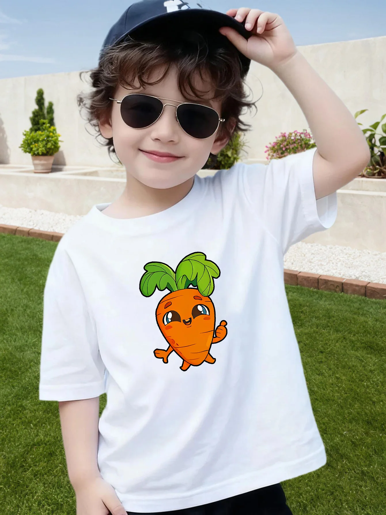 Happy Cartoon Carrot Character Print Boys Girls Family Matching Cotton Short Sleeve Crew Neck Soft Summer Kids Casual Tees