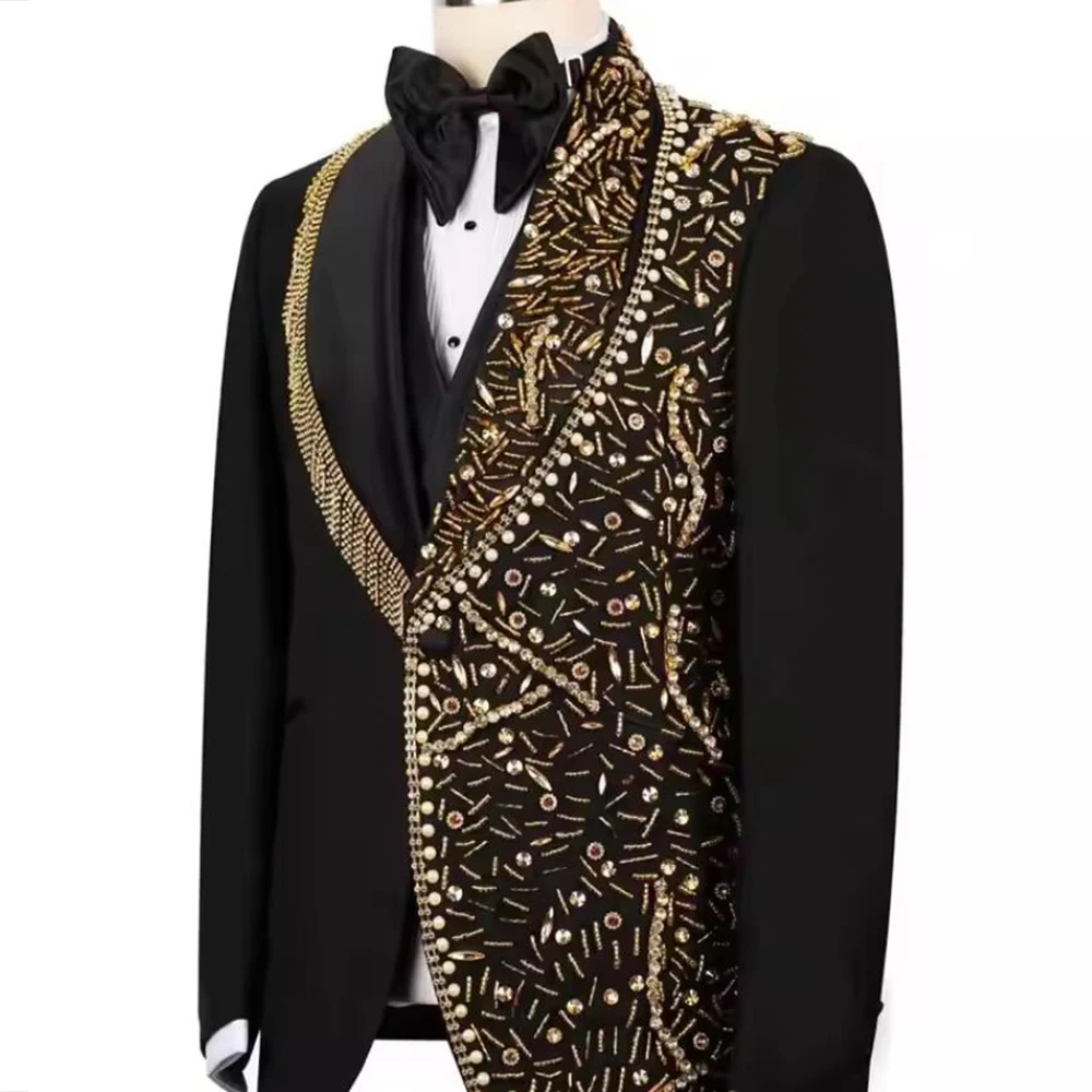 بدلة رائعة الرجال مطرز الأحجار سترة سترة السراويل 3 قطع مجموعات العريس الزفاف البدلات الرسمية مخصص رجل الأعمال ملابس الحفلات #4