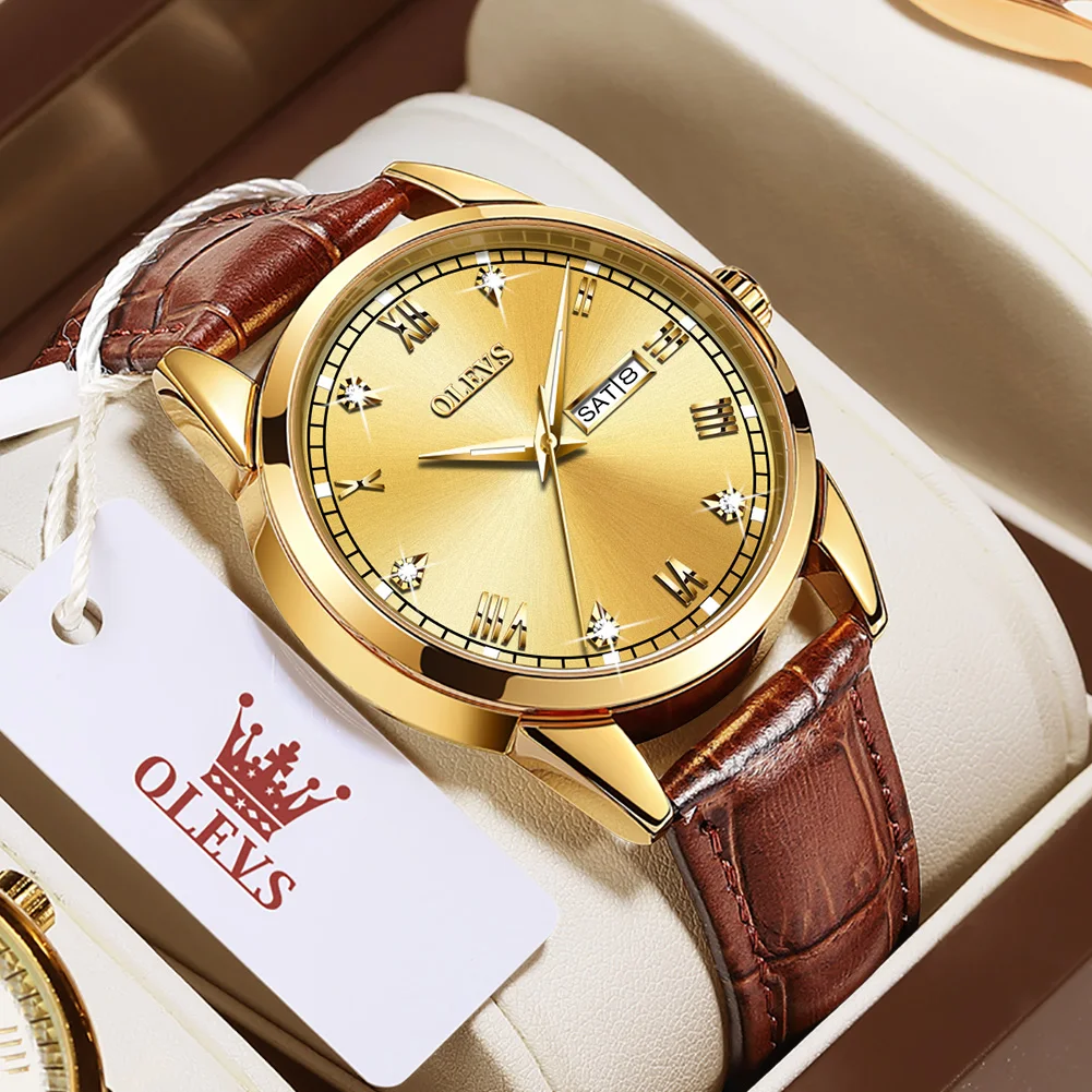 

OLEVS Luxury Brand Golden Leather Quartz Watches for Men Calendar Week Luminous Waterproof Wristwatch Man Relogio Masculino