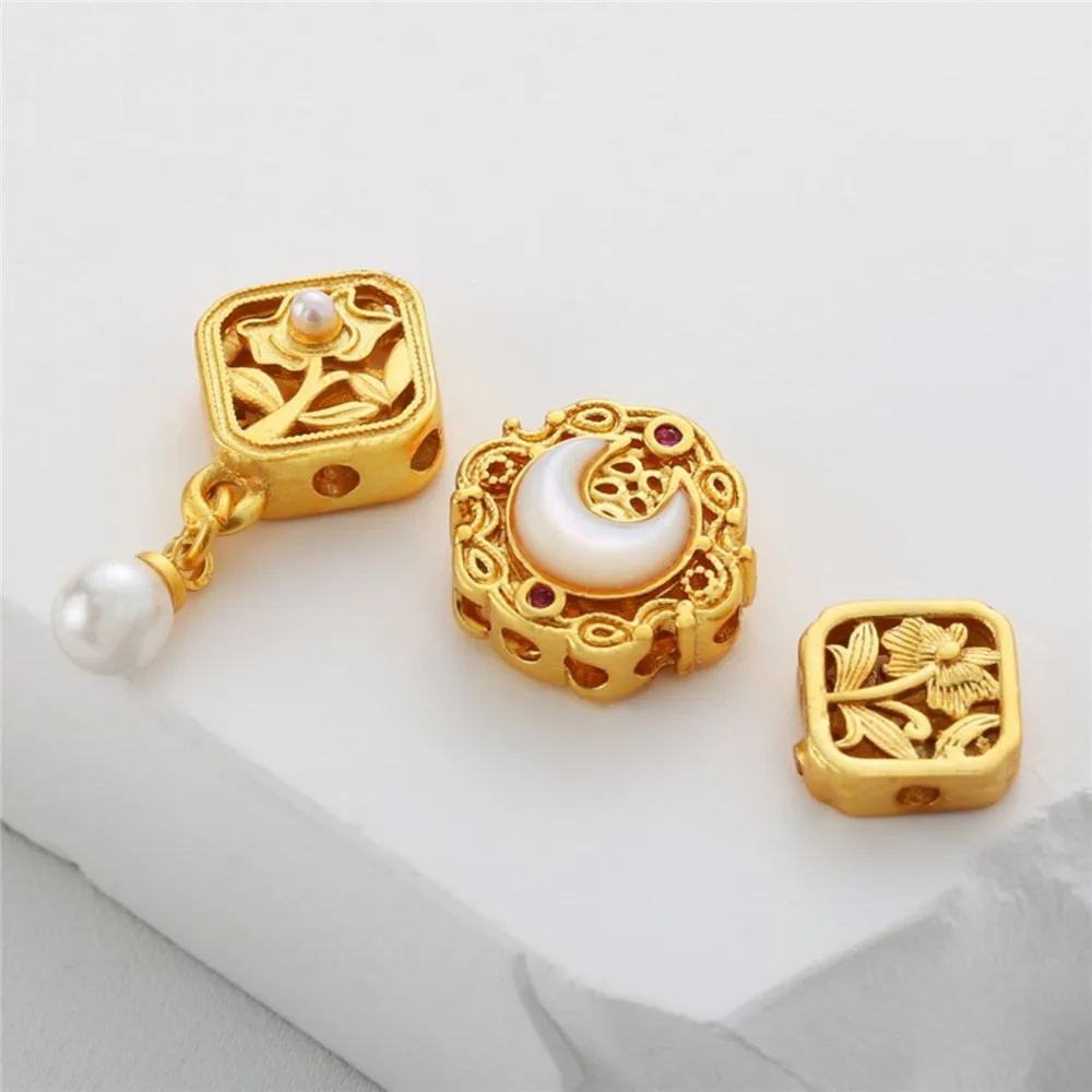 18 Karat Gold Cross Through Hole Flat Spacer Beads Matte Gold Square Hollow Autumn Chrysanthemum Diy Handmade Bracelet Jewelry