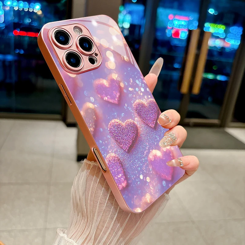 Coque de téléphone en verre métallique rose et violet pailleté avec motif de cœur pour iPhone 11 12 13 14 15 16 17 Pro Max Plus 17Air 16E 7 8 XsMax, coque arrière