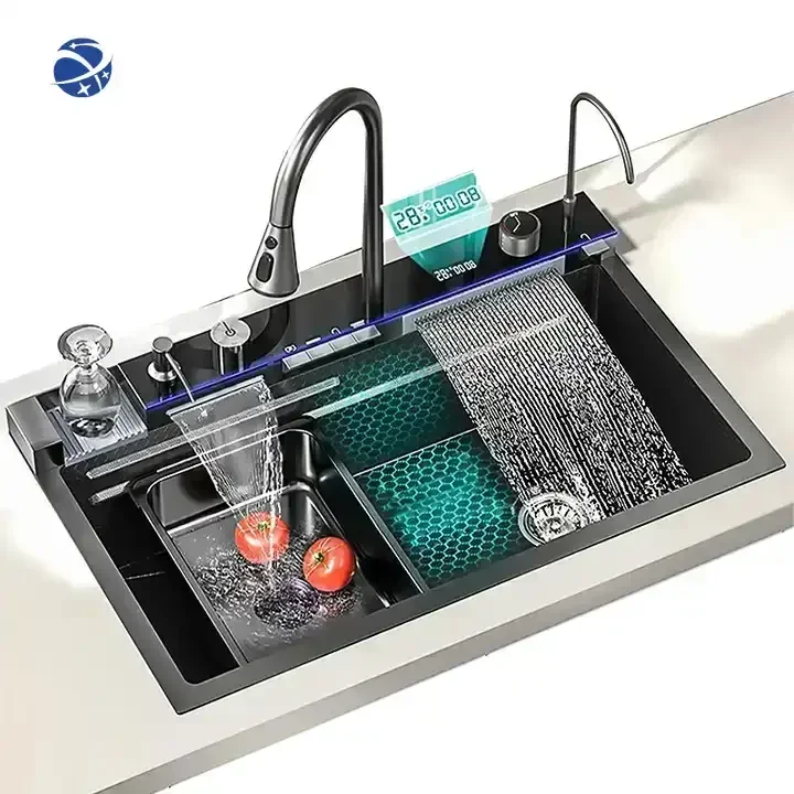 Counter type multifunction draining single bowl stainless steel waterfall kitchen sink with anti-Scratch LED digital display