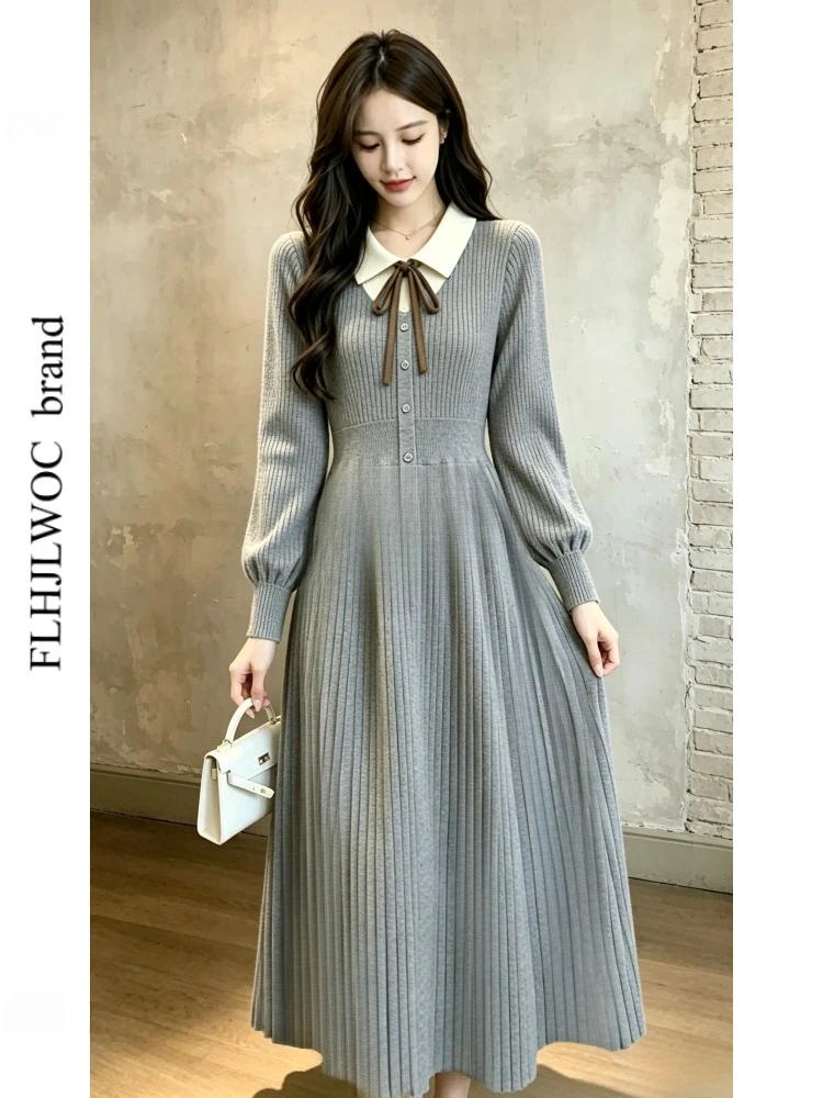 Bow Tie Shirt Dresses Autumn Winter Basics Cute Sweet Girls Faux 2-Piece Design Peter Pan Collar Knitted Sweater Dress Vestidos