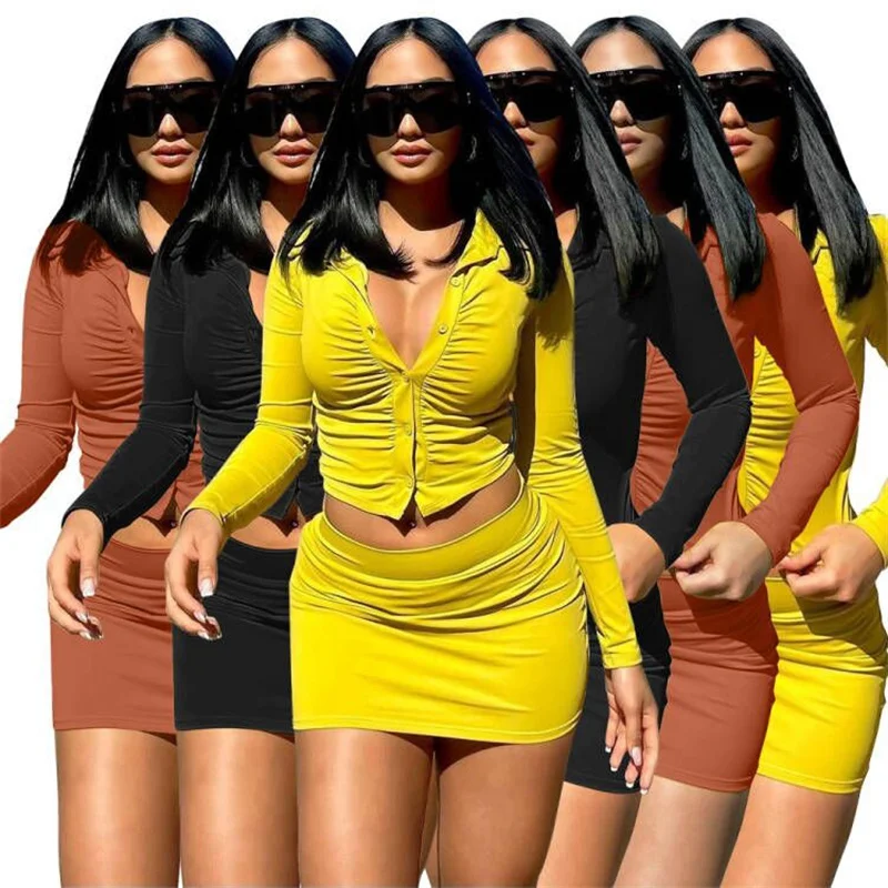 Sexy Night Party Two Piece Skirt Set for Women Elegant Single-Breasted Ruched Shirt Top and Mini Skirts Matching Sets Clubwear
