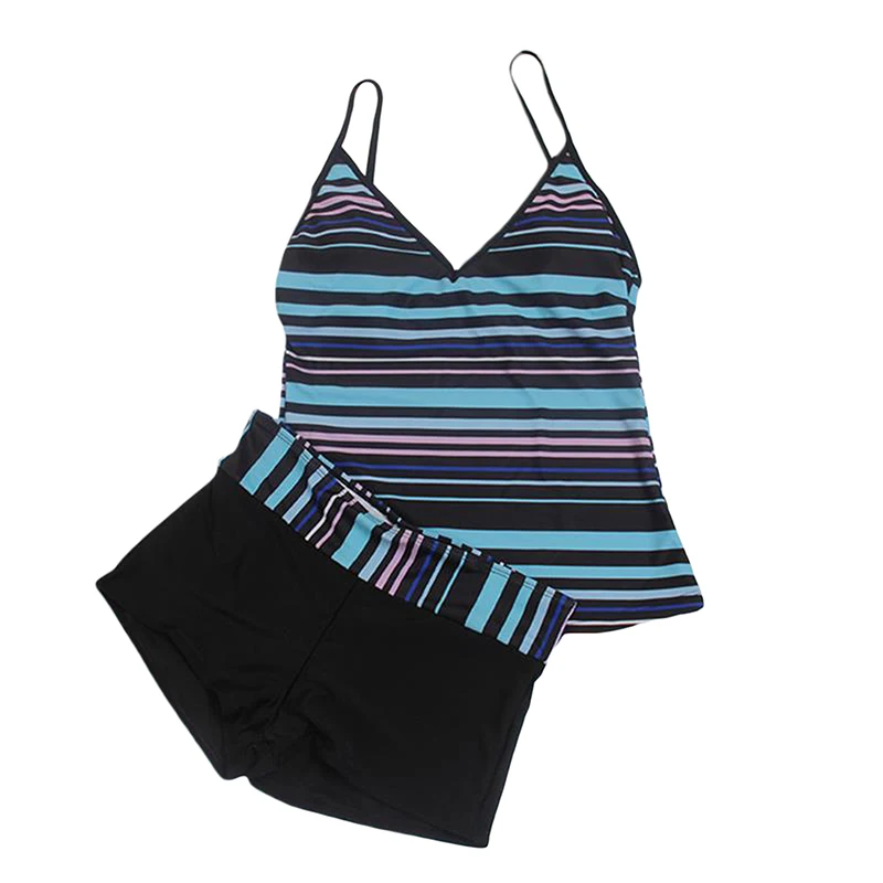 2 Pcs/Set Swimwear Women Retro Swimsuit Bikini Set V Neck Colored Striped Print Push Up Bathing Suit Tankini Boyshort Beachwear