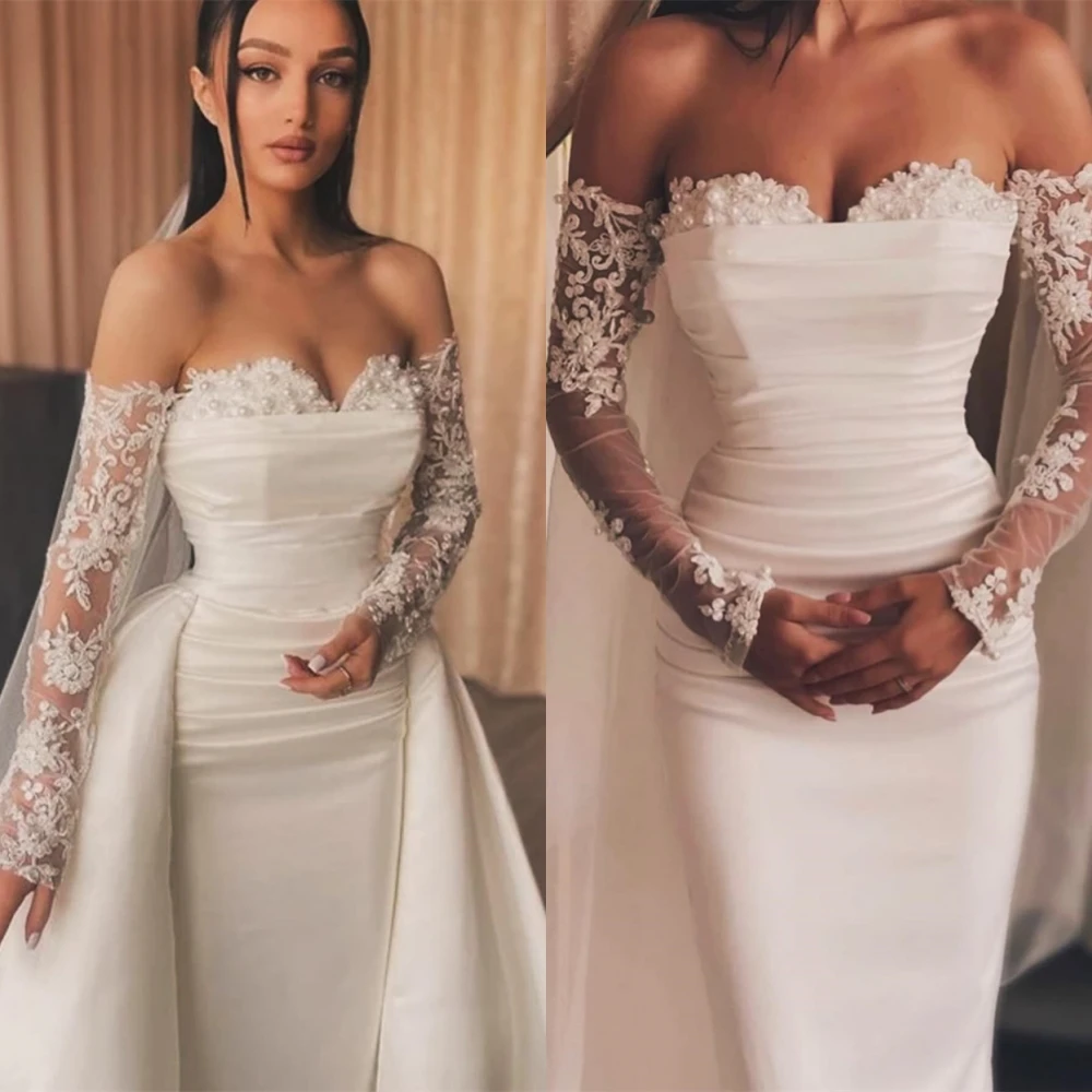 

Customized Exquisite Wedding Dress White Appliques Romantic Pearl Sweetheart Bridal Gown Off the Shoulder Special Occasion Gowns