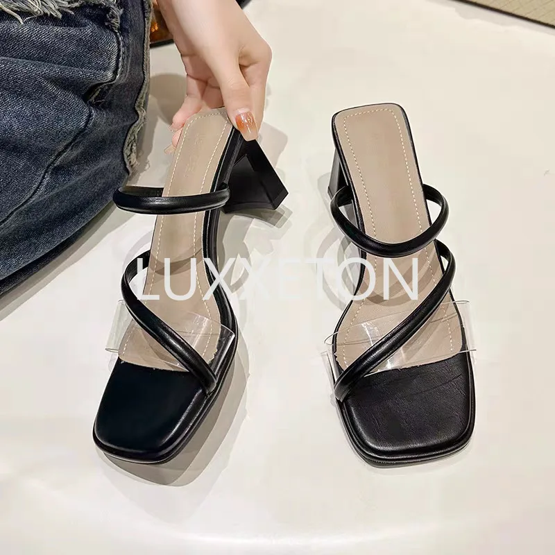 Women High Heeled Sandals Summer New Fashion Square Heel Elegant Leather Non Slip Wear Resistant Women High Heeled Sandals