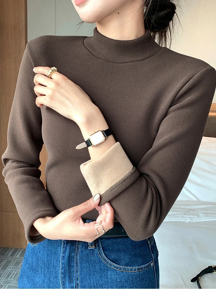 Winter Thicken Solid Color Half Turtleneck Tops Women Plush Velvet Lined Warm T Shirt Long Sleeve Bottom Blusas Fleece Clothes