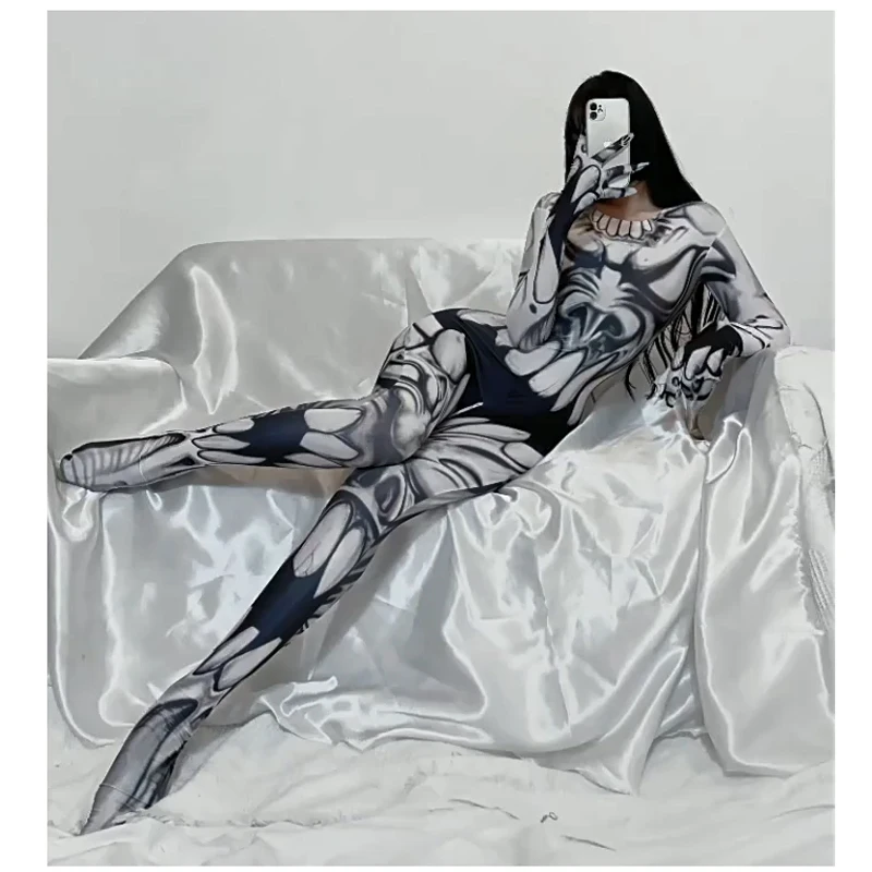 

Woman Exotic Cosplay Bodysuits Sexy Printed Jumpsuits with Crotch Zipper Full Cover Zentai Fitness Costume Female Party Outfit