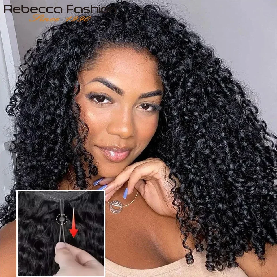 Rebecca Burmese Curl Human Hair Half Wig Adjustable Drawstring 3 In 1 Seamless Clip Ins Glueless Wear And Go Daily Wig For Women