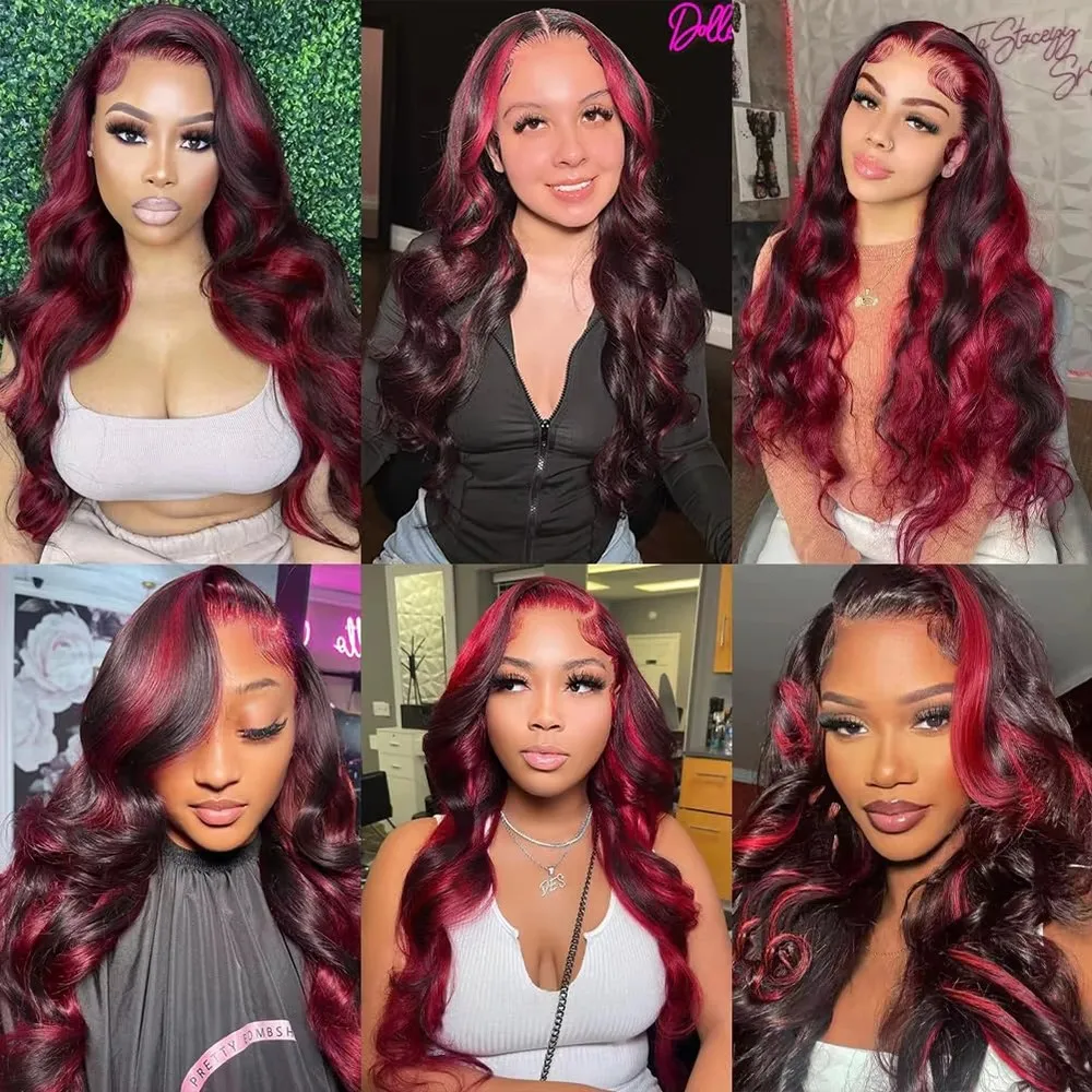 Burgundy Highlights Body Wvae V Part Remy 100% Human Hair Wig Ombre 99J Red Side/Middle Open Wig Body Wavy U Shape Full End 250%