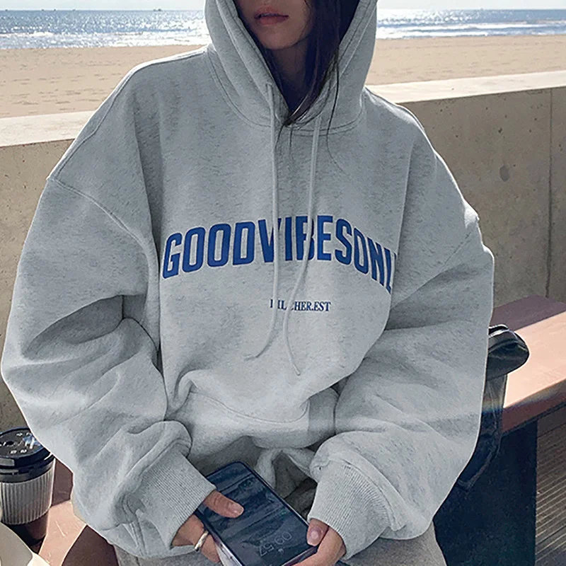 Koreanische Mode Lose Pullover Frauen Herbst Winter 2025, Langarm Mit Kapuze Hemd Brief Drucken Pullover Tops Casual Sweatshirts – Detail 14