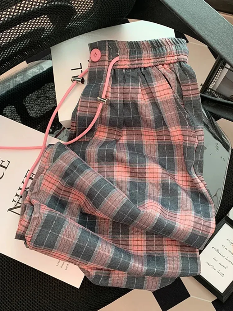 Retro Pink Plaid Pants Women High Waist Casual Korean Sweet Wide Leg Trousers Fall Winter Loose Female High Quality Elegant Pant