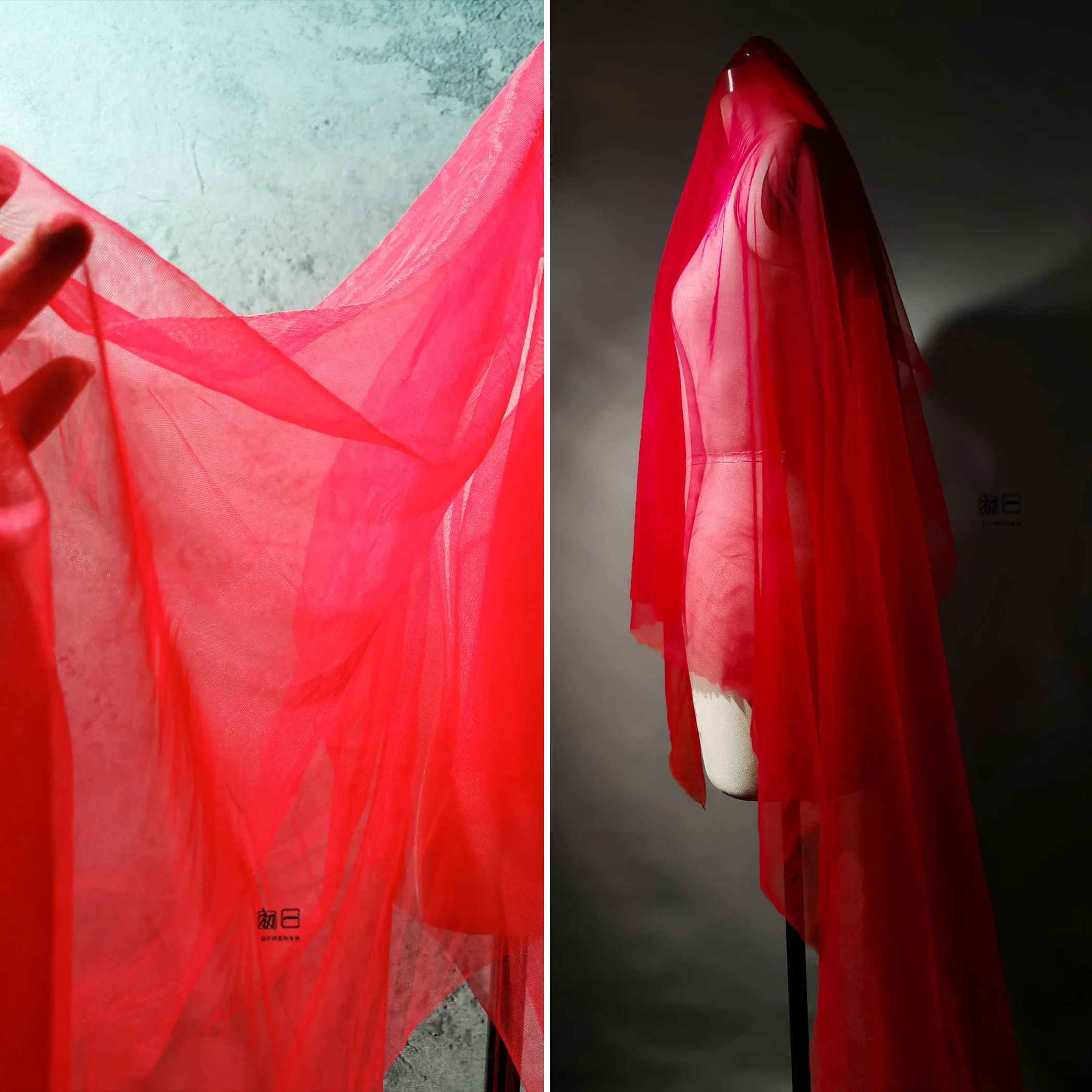 Red Super Transparent Soft Wedding Dress Gauze Wedding Dress See-through Fine Mesh Gown Background Designer Fabric
