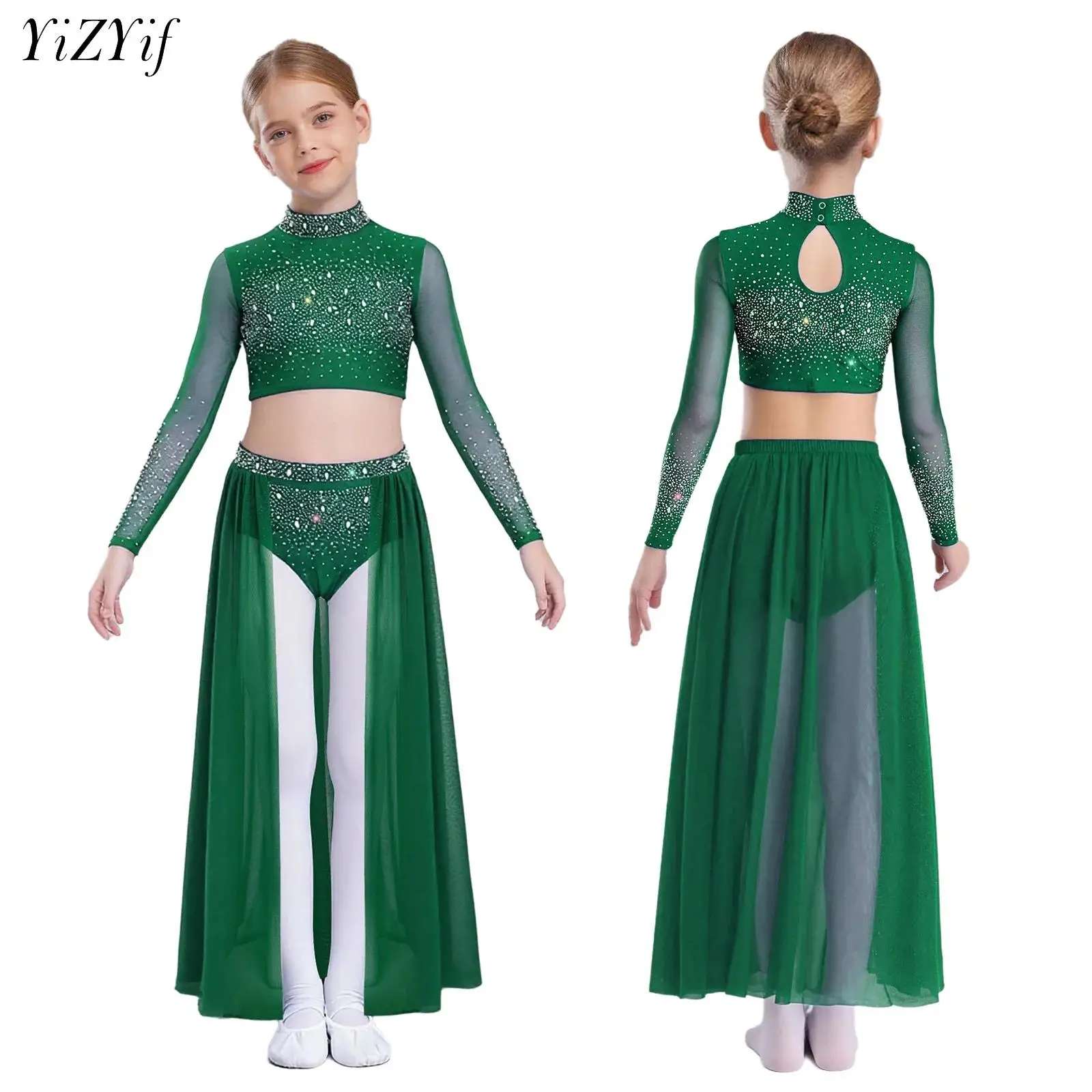 

Современная лирическая танцевальная одежда для девочек, укороченный топ с длинными рукавами и блестящими стразами, прозрачная сетчатая юбка, балетная одежда для катания на коньках, современная танцевальная одежда
