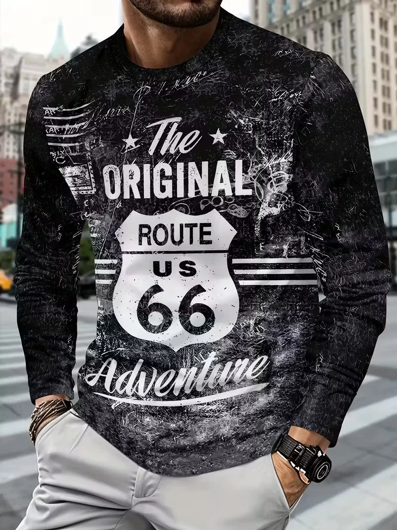 

New loose casual sports versatile fashion printed pattern round neck long sleeved T-shirt men's top.