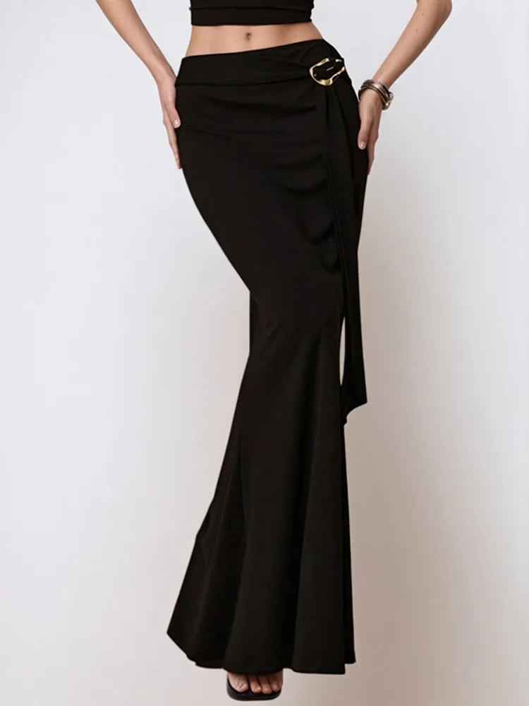 BKLD Elegant Temperament Black Wrapped Hip Fishtail Skirt Women Clothing 2026 Summer Metal Accessories Slim Fit Long Skirts