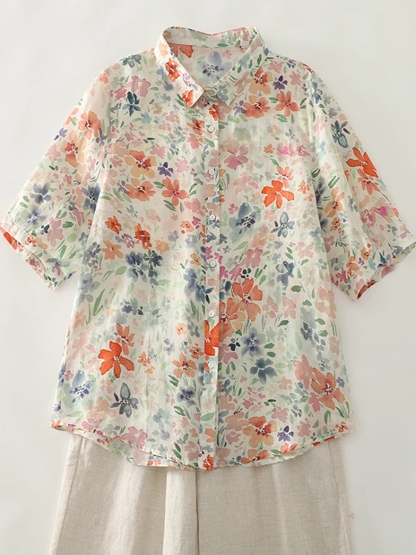 Country Sle Floral Print irt Large Size Women's Anti-Aging Flower Patterned f Sve Turn-down Collar Single Button Top