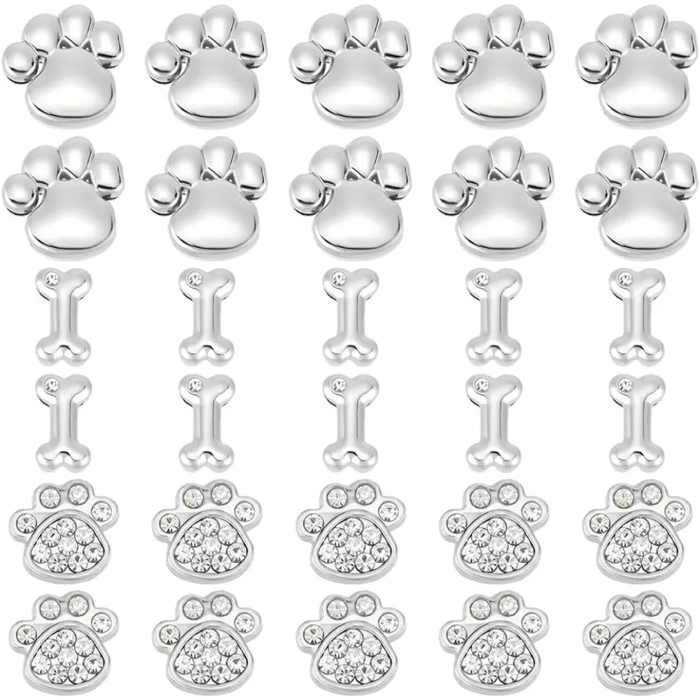 

1 Box 30Pcs 3 Styles Pet Paw Charm Rhinestone Slide Charms Bulk Metal Alloy Animal Cat Dog Claw Prints Footprint Glitter