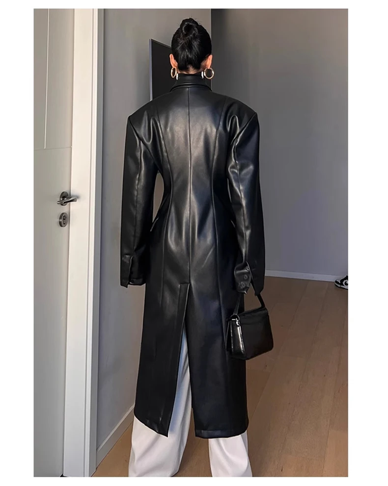 Nerazzurri Spring Autumn Luxury Long Black Fitted Pu Leather Trench Coat for Women Shoulder Pads Double Breasted Runway Fashion