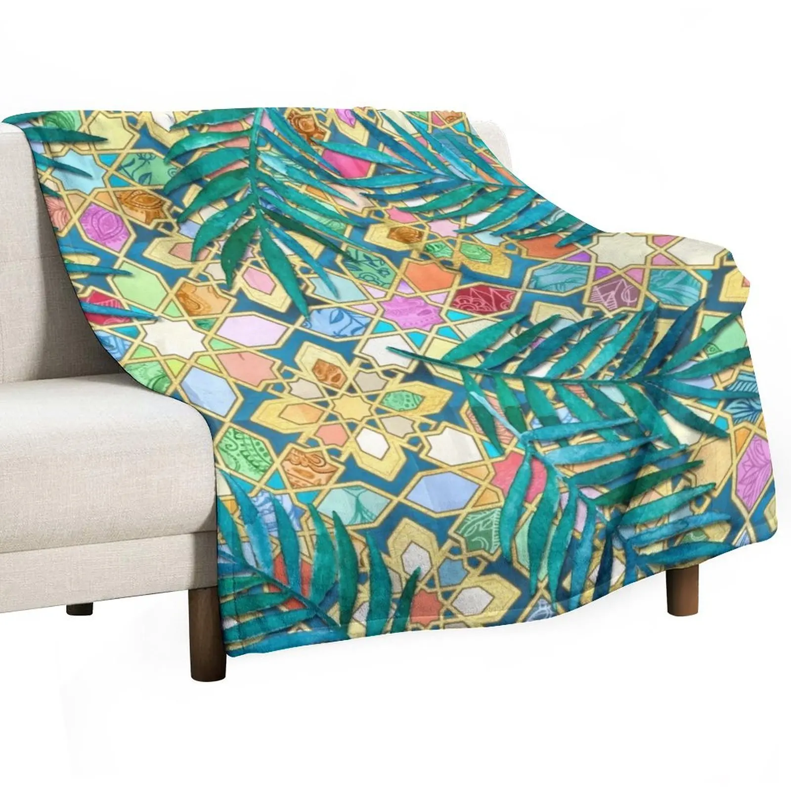 Gilded Moroccan Mosaic Tiles with Palm Leaves Throw Blanket For Sofa Thin Summer Beddings Single decorative funny gift Blankets