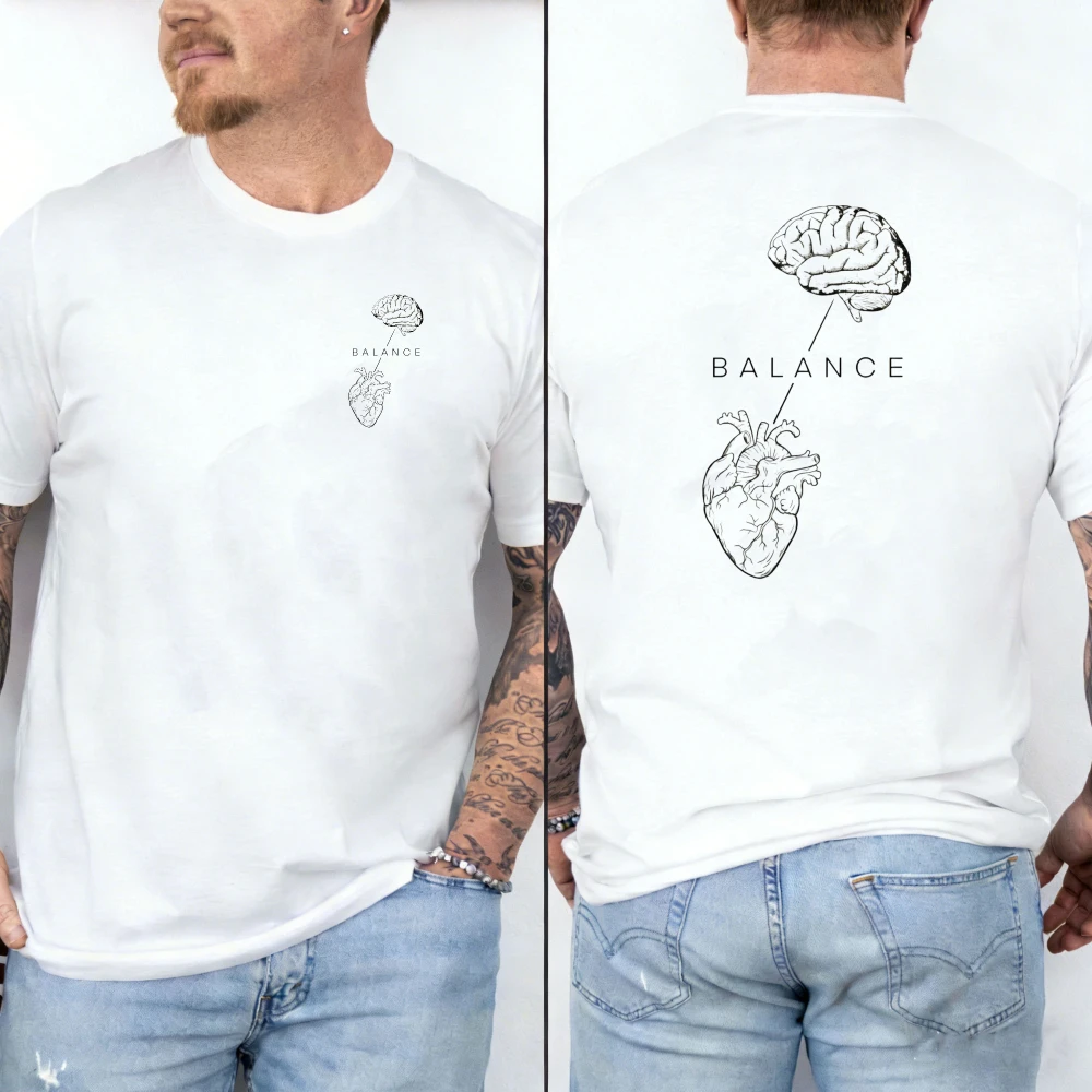 Balance Brain & Heart Double Sided Tee Minimal Human Anatomy Sketch Mind Heart Graphic T-Shirt Men Clothing Streetwear