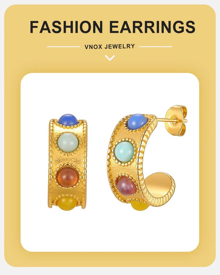Vnox Elegante C-förmige Ohrstecker mit mehrfarbigen Steinen für Damen, Vintage-Stil, bunte Natursteine, trendiger Ohrstecker, Partyschmuck – Detail 1