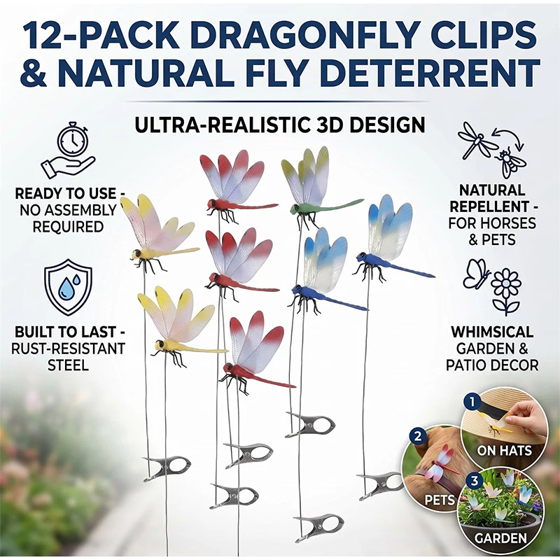 12Pcs Simulated Dragonfly Hat Clip Garden Decor Realistic Decoys Dragonfly Garden Stake Decorative Clips Plant Decor For Patio