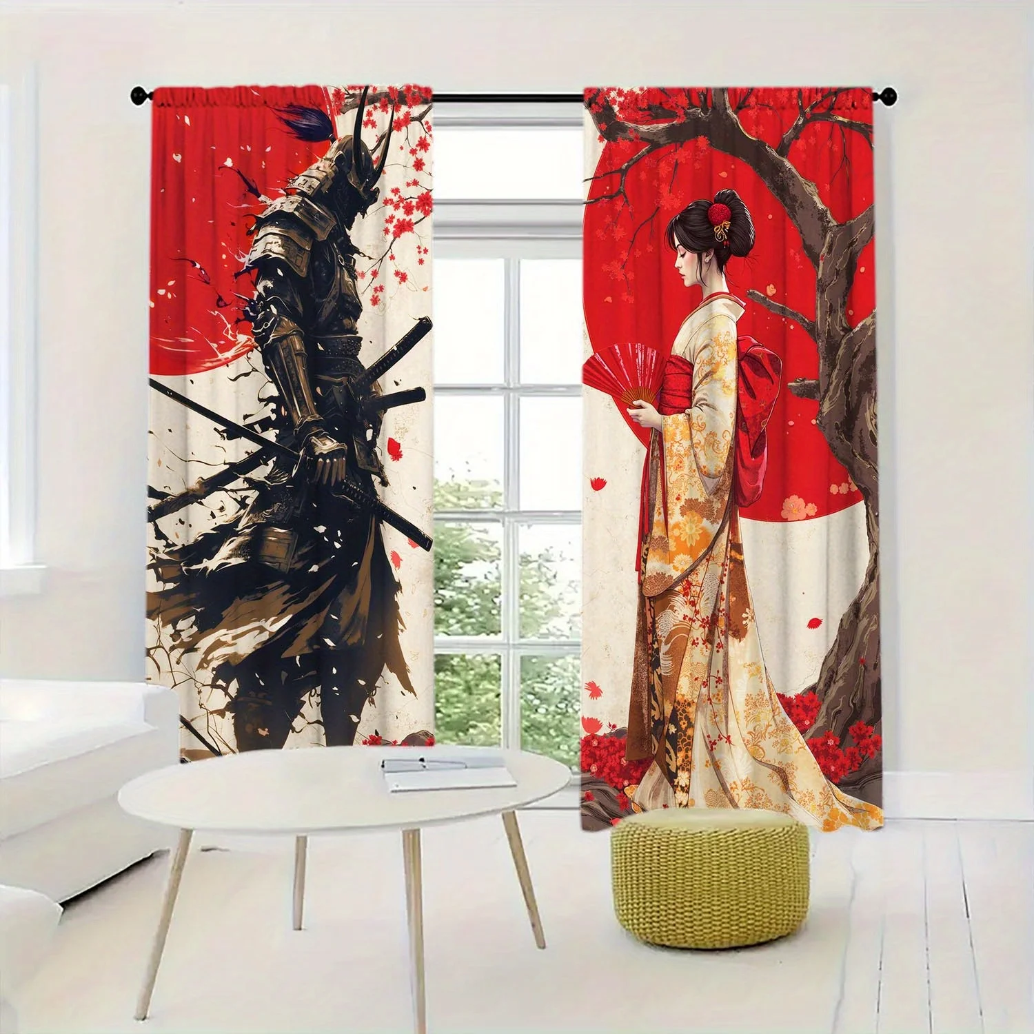 VIKAMA Japanese Samurai And Geisha Cherry Blossom Semi Blackout Curtains Suitable For Bedrooms And Living Rooms Home Decor