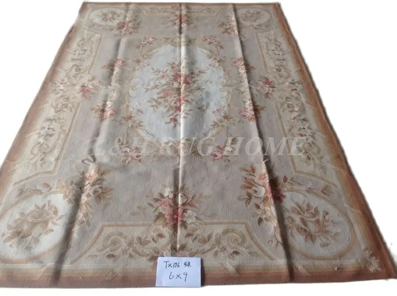 

Free Shipping 6'X9' French Aubusson Rug, 100% hand woven New Zealand woolen rug--Light Grey Green field