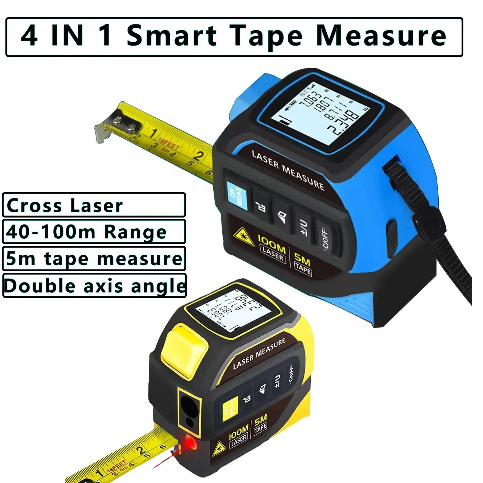 

New 4 in 1 Laser Rangefinder 5M Tape Measure Ruler LCD Display with Backlight Distance Meter Building Measurement Device