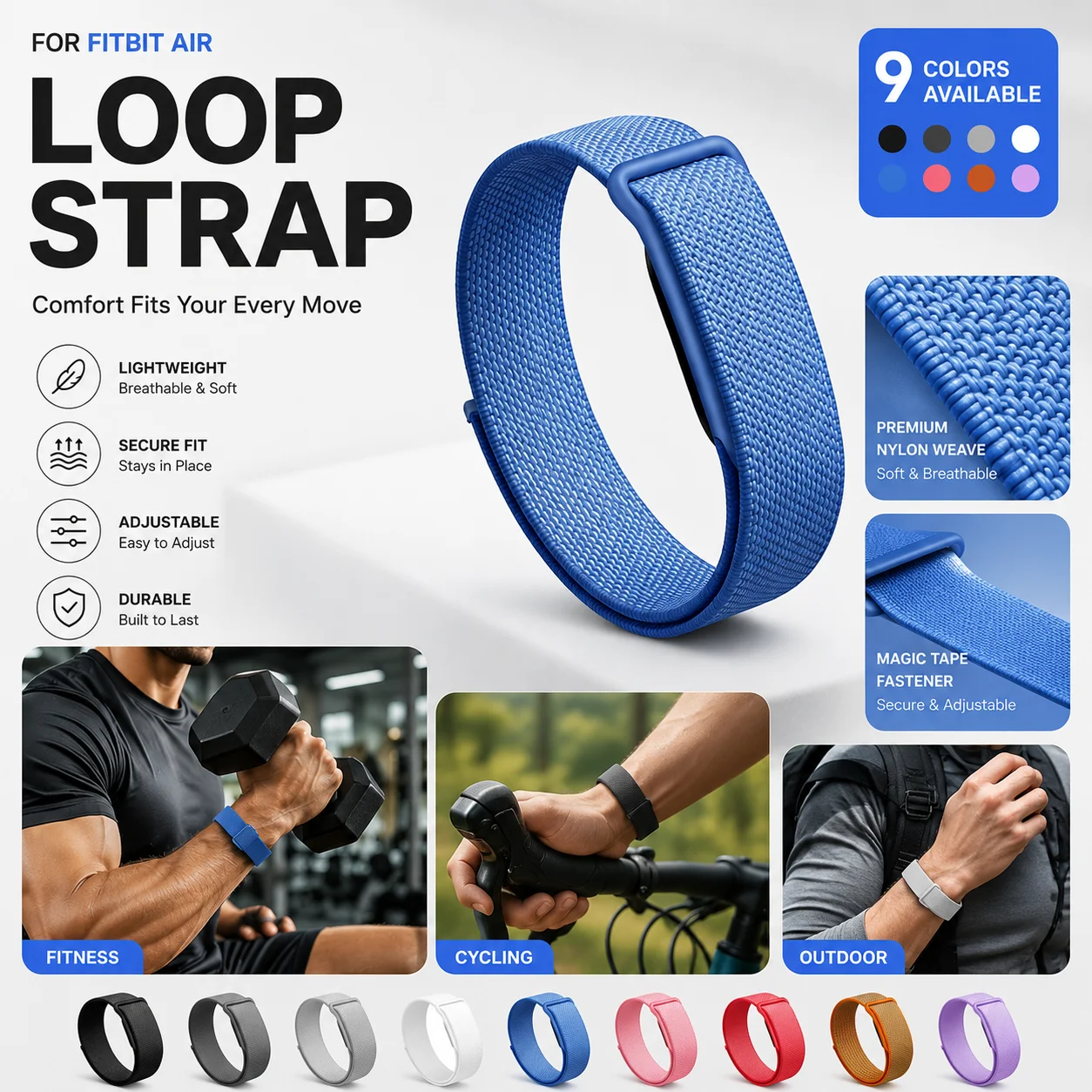 Elastic Nylon Sport Loop Strap For Google Fitbit Air Breathable Adjustable Secure Lock 9 Multicolor Wrist Replacement Band