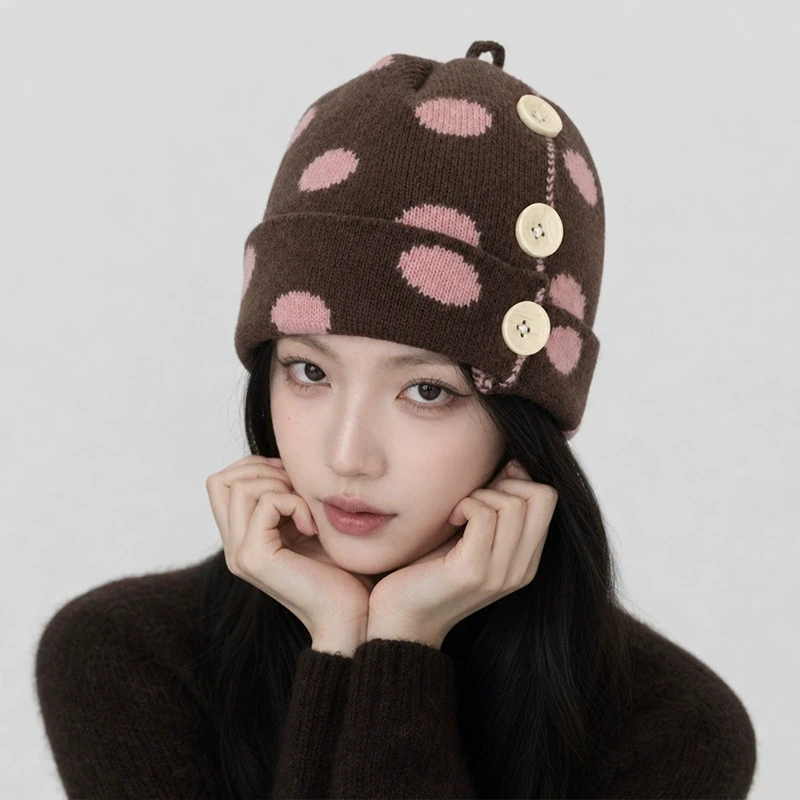 2026 New Niche Korean Color Block Polka Dot Button Beanie Cute Spliced Drawstring Cuff Knitted Hat