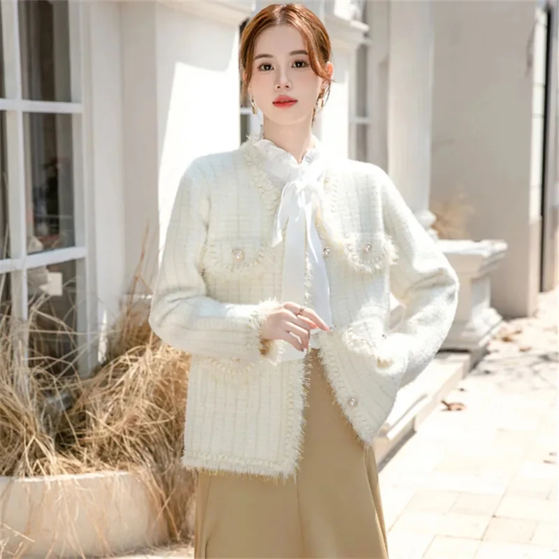 

Apricot Plaid Coat Women Short Jacket Spring Autumn New Casual Korean Round Neck Single-breasted Long Sleeve Female