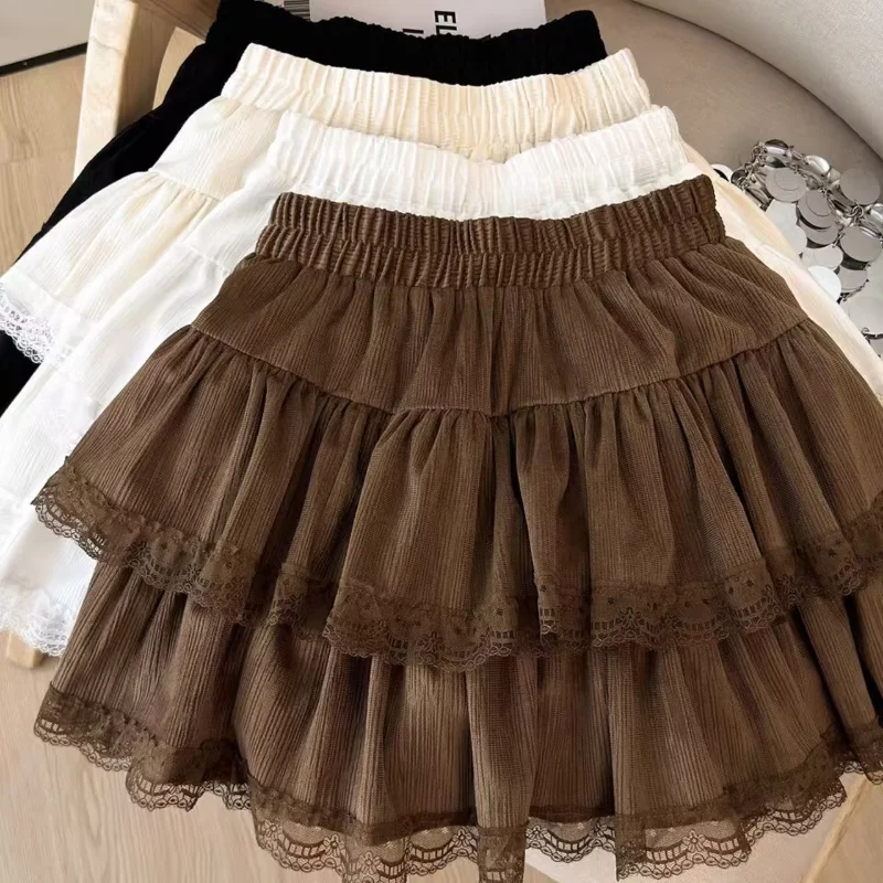 Sweet High Waist Lace Flower Skirt Stretch Waist Patchwork Mesh Slim Skirts A-line Ball Gown Cake All-match New Faldas