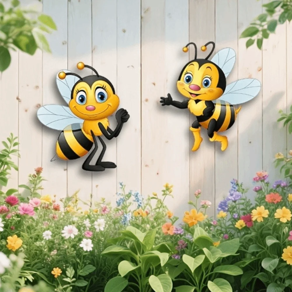 2Pcs 2D Flat Acrylic Cartoon Bee Wall Decor Waterproof Rainproof Bee Fence Wall Ornament Sun Resistant Bee Themed