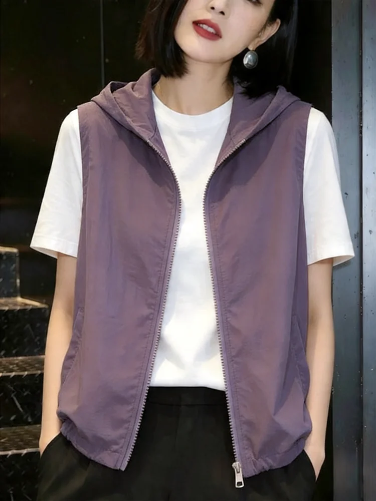 Spring Summer New Loose Women's Sun Protection Vest Casual Sports Thin Outerwear Versatile Workwear Polyester Fiber Zipper Cl...