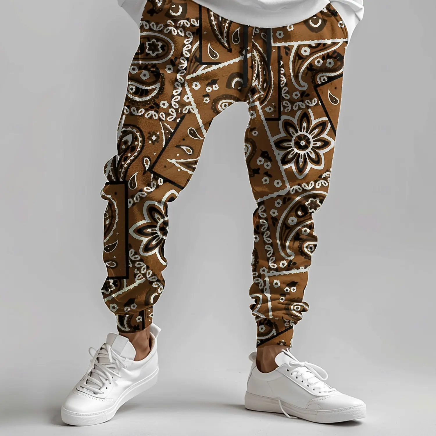 Men's casual jogging pants with cuffs retro paisley print design suitable for outdoor wear, autumn and winter fashion drawstring