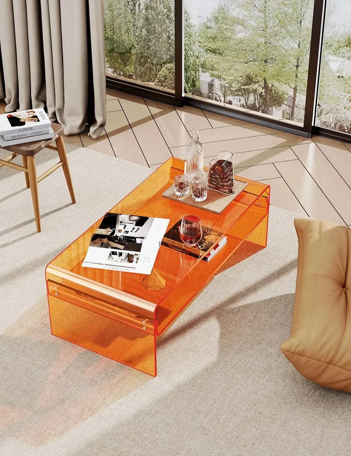 solaround Acrylic Coffee Table for Living Room Clear Rectangle Lucite Table with Open Storage Shelf (1, Orange, Large)