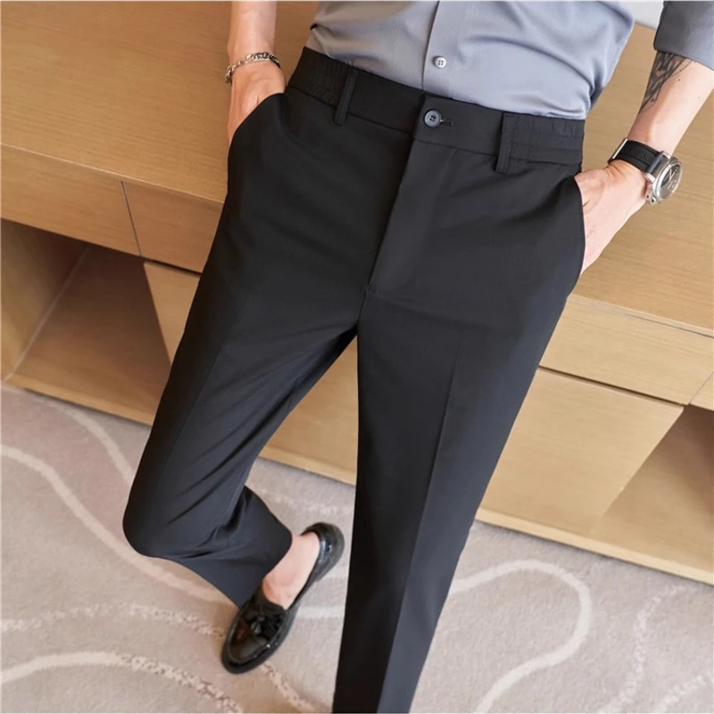 2025, knöchellange Hose aus Eisseide mit dünner elastischer Taille für Herren, Khaki, bequeme, hochwertige, lässige, kurze Herrenhose mit kleinem Fuß
