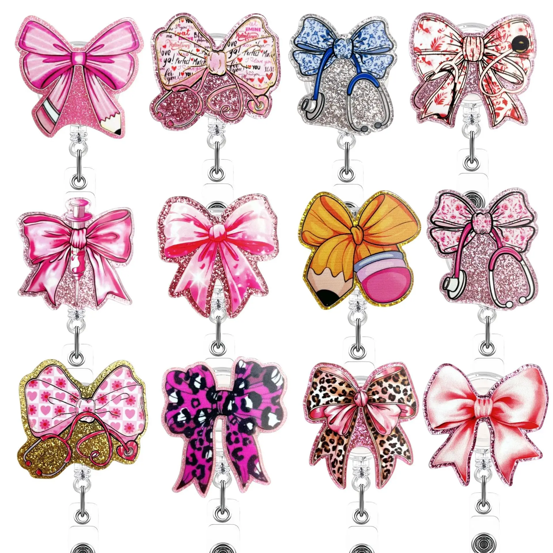 Acrylic Pink Bow Badge Reel With Swivel Alligator Clip Retractable Id Card Badge Holder For Nurse Doctor Student Teacher
